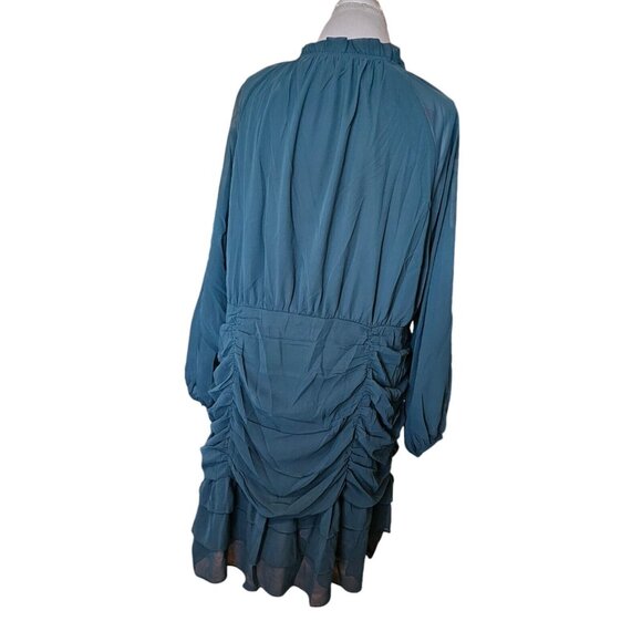 Andree By Unit 2X Dress Dark‎ Teal Chiffon Layered Longsleeve Blue Green Lined - Picture 7 of 13